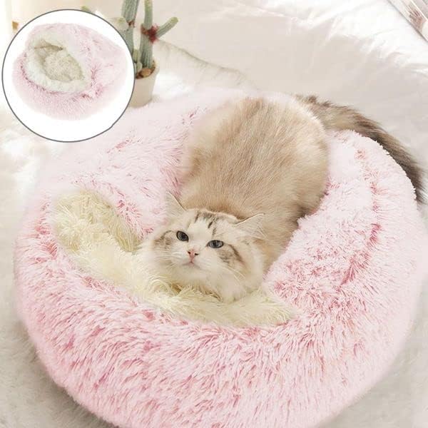 Round Fluffy Hooded Cat Bed Cave, Anti-Anxiety Cave Bed with Blanket | Hooded Cat Bed Cave, Cozy Cuddler Luxury Puppy Pet Bed, Anti-Slip Bottom and Machine Washable