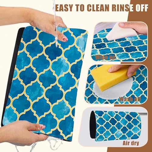Dish Drying Mat Blue Moroccan Tile Coffee Bar Mat for Countertop Absorbent Hide Stain Rubber Backed Dish Drainer Rack Pad Coffee Maker Espresso Machine Dining Room Decor 15.7 x 23.6 Inch