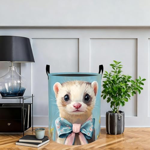 Cute Ferret Laundry Basket Hamper, Organizer Bins Gifts for Women Kids, Pet Foldable Waterproof Clothes Hamper Handles Storage Bucket for Bedroom Bathroom Room Decor 19.7"x15.7"