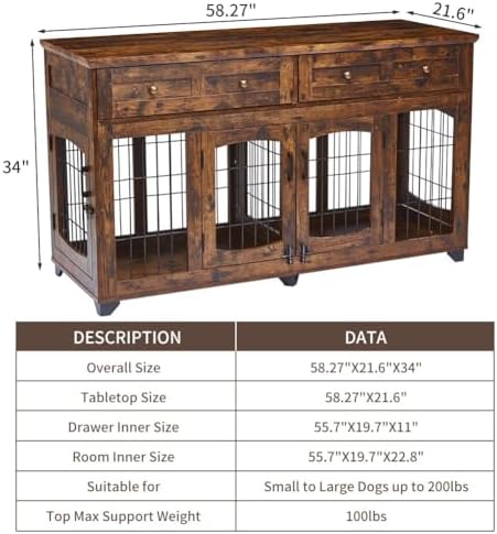 Large Dog Crate Furniture 58" with 2 Drawers & Divider | Heavy-Duty Wood Frame; Detachable Divider; Fits Two Dogs; Sturdy & Chew-Resistant; Easy Assembly; For Living Room Or Bedroom