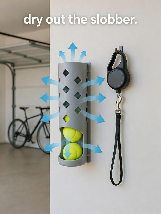 Wall Mounted Tennis Ball Holder for Dogs | Weatherproof ASA Dog Ball Storage for Garage, Patio, Mudroom or Porch - Fits Ball Launchers & Chuckers - Made in USA