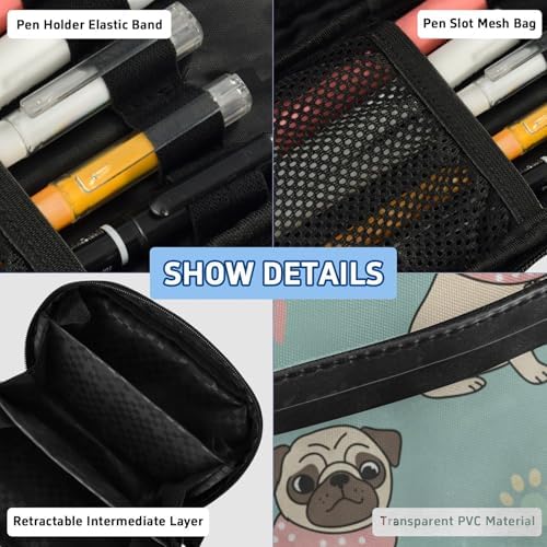 Cute Pets Pug Teal print Large Capacity Pencil Case with Zipper Water Resistant Portable Organizer Pen Bag for School Office Students