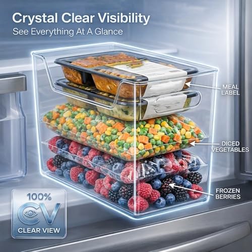 Crystal Clear Freezer Storage Bins, Clear Plastic Bins Stackable Pantry Drawer Plastic Organizers Containers with Handle for Refrigerator Fridge Cabinet Kitchen Countertops Cupboard (Clear L, 2Pcs)