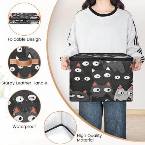 Black Cat Print Storage Box with Zipper Lid | Collapsible, Fabric, Storage Bin, Handle, Large, Closet Organizer, Containers, Bedroom, Home, Cat Faces