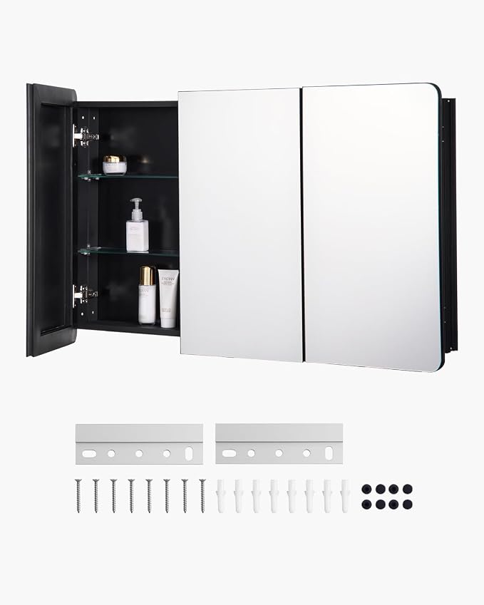 VEVOR Medicine Cabinet, 25.5 x 40 inch, Medicine Cabinet for Bathroom with Mirror, Aluminum Frame Bathroom Wall Cabinet, 4-Layer Adjustable Shelves, Recessed & Wall-Mounted Installation
