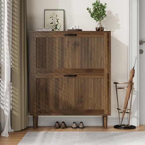 Kiasthome 2 Tier Entryway Shoe Storage Cabinet Closed Space Saving Hidden Shoe Organizer with Ribbed Doors Freestanding for Hallway Bedroom Walnut Finish (Walnut, 31.5")