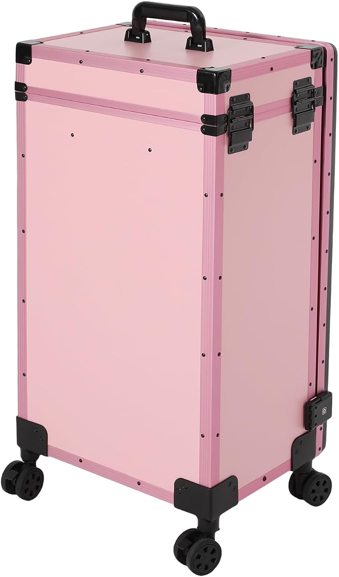 Portable Rolling Travel Nail Desk, Foldable Nail Tables Travel Cosmetic Trolley Storage Organizer with LED Mirror & 3 Drawers for air Stylists Pet Groomers Makeup Artists Salon (Pink Black)