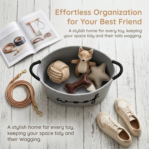 Premium Dog Toy Bin - Large Cotton Rope Pet Toy Basket with Durable Handles, Collapsible Storage Organizer for Puppy Chew Toys, Blankets and Accessories (Grey)