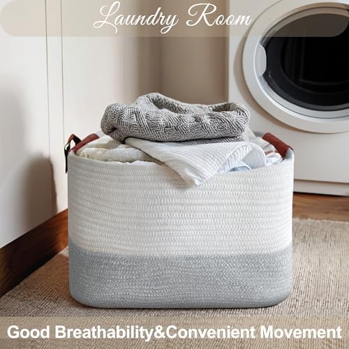 Large Cotton Rope Storage Basket with Leather Handles, Laundry Hamper Basket, 20 "L x 14" W x 12 "H, Durable & Stylish Organizer for Home.(Large Light Gray )