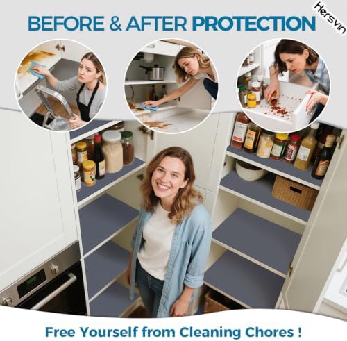 Hersvin Shelf Liners, 12in x 20ft Kitchen Drawer Mats, Non-Adhesive EVA Cupboard Protector, Cabinet Lining (Dark Gray/Dot)