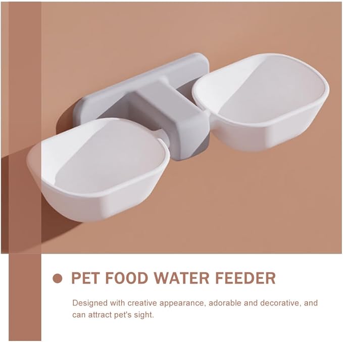POPETPOP Wall-Mounted Pet Feeder Bowl Set, Dual Feeding Bowls for Cats and Dogs, White Plastic Food and Water Dish with Neck Protection, Space-Saving Wall Holder for Indoor Pets