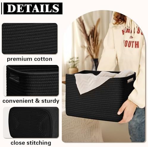 Storage Baskets for Organizing, 4 Pack Baskets for Shelves, Decorative Storage Bins for Shelves, Cotton Rope Storage Basket with Handles, Woven Basket for Storage, 13''Lx8.7''Wx7.9''H, Black