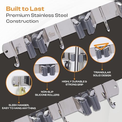 Stainless Steel Broom Holder Wall Mount, 4 Racks & 5 Hooks | Rust-resistant organizer for mops, brooms, tools and garden equipment, adjustable wall storage, silver