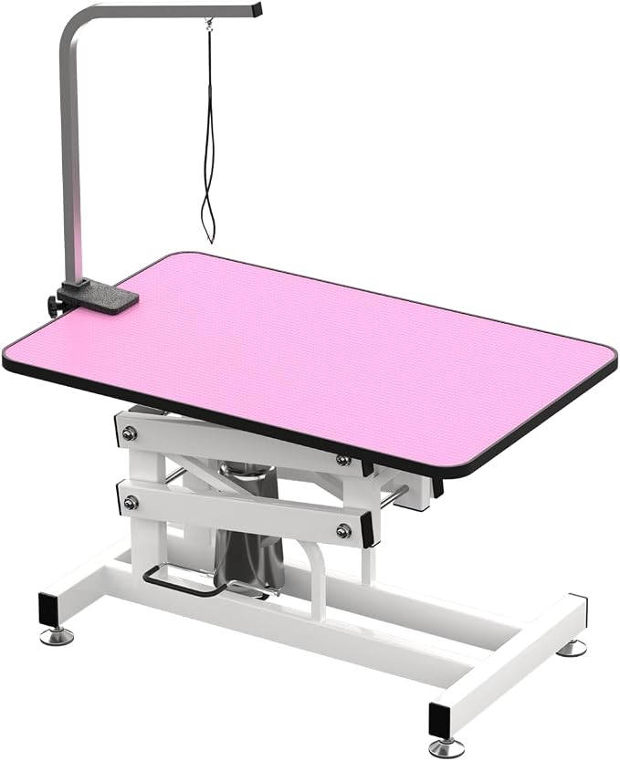 Hydraulic Dog Pet Grooming Table, 42 Inch Heavy Duty Professional Pet Grooming Station 21'' -36'' Height Adjustable for Small Medium Large Dog at Home with Clamps and Grooming Noose, Pink