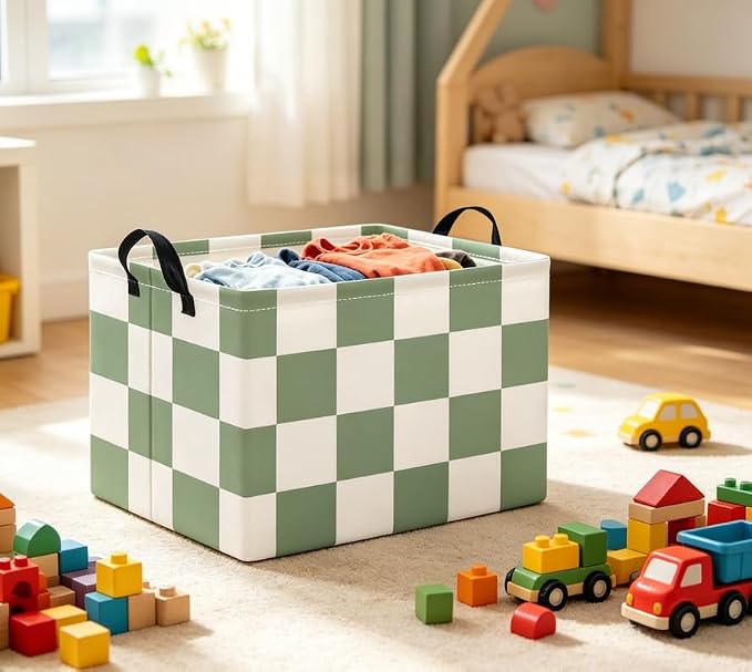 Rectangular Baby Kids Storage Basket for Home Kitchen Girls Cute Toy Storage Bin Organizer Shelf Book Room Decor(Green Checkered)