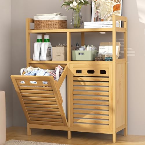 VASMIA Tilt Out Laundry Hamper Cabinet, Bamboo Double Laundry Hamper with 2 Removable Laundry Baskets, 20 Gal Laundry Sorter Organizer with Shelf for Dirty Clothes, Bathroom, Laundry Room, Natural