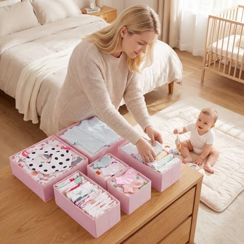 GRANNY SAYS Drawer Organizer Clothes, 6 Pack Dresser Organizer Bins for Nursery, Closet Organization and Storage Dividers for Clothing, Baby Clothes, Underwears, Pink