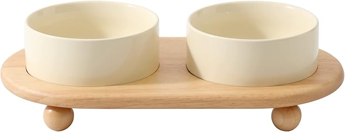 Havniva Ceramic Elevated Cat Food and Water Bowl, Kitty Bowl, Raised Cat Dish, Pet Feeder (5.1 in, 2 xLight Yellow + Stand)