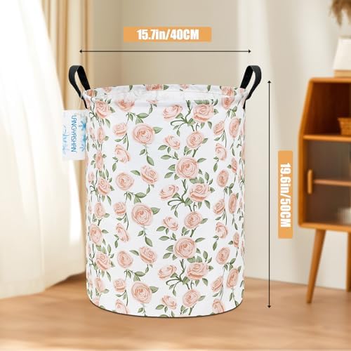 Round Laundry Basket Collapsible Storage Hamper Organizer Champagne Rose | Waterproof Canvas Foldable Baskets with sturdy Handles Multi-scene Organizer for Home Play Bedroom Gift Bin