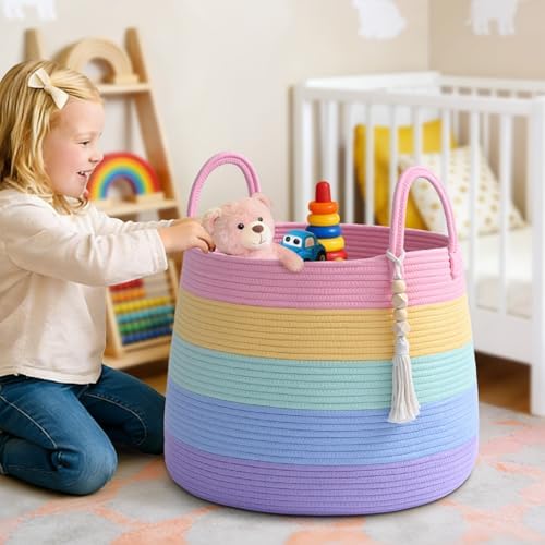 Large Nursery Hamper, 60L Blanket Basket with Handle, Baby Laundry Basket for Gift, Toy, Clothes, Woven Storage Basket with Wooden Bead Decor, Baby Hamper for Nursery(Rainbow)