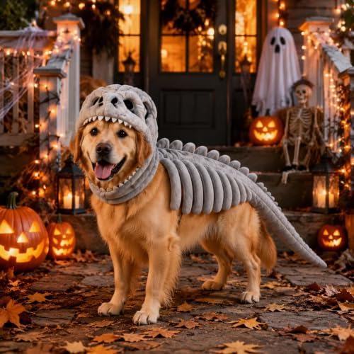 Pet Dinosaur Costume, 31.4inch Halloween 3D Skeleton Design Costume for Medium to Large Dogs, Realistic Dino Outfit for Pet Cosplay Party Family, Round and Chubby Body,Adorably Silly Green