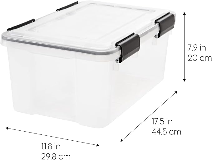 IRIS USA 6-Pack 19 Qt Storage Bins with Gasket Lids, Clear/Black | WeatherPro seal protects shoes, crafts, documents and supplies from dust and moisture