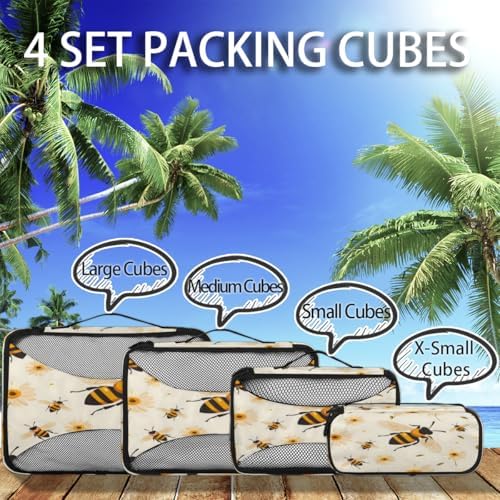 Bee 4 Set Packing Cubes Luggage Organizer Bags for Travel Accessories and Essentials, Yellow Honey Floral