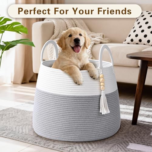 Large Nursery Hamper, 60L Blanket Basket with Handle, Baby Laundry Basket for Gift, Toy, Clothes, Woven Storage Basket with Wooden Bead Decor, Baby Hamper for Nursery (Grey)