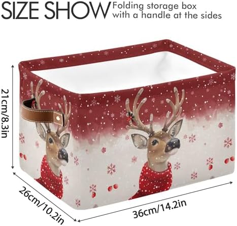 Wamika Christmas Reindeer Storage Basket with Waterproof Liner and PU Handles Winter Snowflake Red Storage Bins Boxes 14.2" Collapsible Decorative Organizer Baskets for Bedroom Closet Office 1 Pack