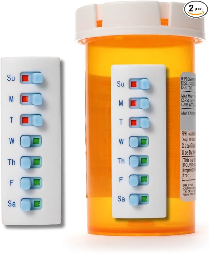 TAKE-N-SLIDE Peel and Stick Reusable for 12 + Refills, Pill/Medication/Vitamin/Pet Med Tracker & Reminder, Attach to Your Bottle, Organizer-Free, Curved‑Back (White, 2-Pack)