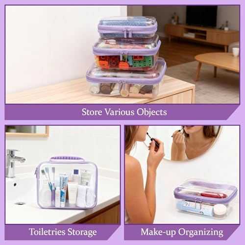 3 PCS Clear Zipper Pouches with Handle, Diaper Bag Organizer, Clear Makeup Bags Hardshell Toy Storage Bins with Zipper Toiletry Pouch Bag for Cosmetics Pencils Puzzles, Building Blocks(Purple)