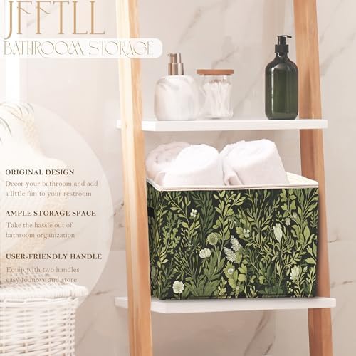 Vintage Boho Botanical Floral Storage Bins with Handles, Farmhouse Dark Cottagecore Green Leaf Collapsible Laundry Basket Storage Box for Home Bedroom Bathroom Clothes Toys Books