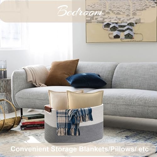 Large Cotton Rope Storage Basket with Leather Handles, Laundry Hamper Basket, 20 "L x 14" W x 12 "H, Durable & Stylish Organizer for Home.(Large Gray)