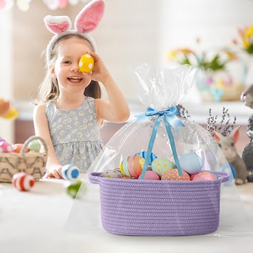 Cute Purple Gift Basket, Woven Baskets for Gifts Empty, Cotton Rope Storage Bin for Organizing, Cat Dog Toy Box, Baby Nursery Organizer, Wicker Easter Basket with Handle, Purple Room Decor