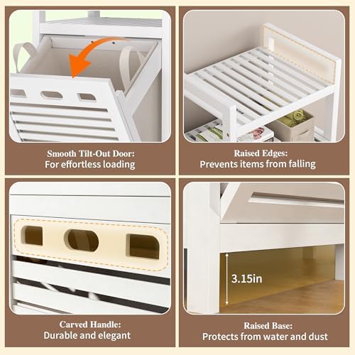 VASMIA Tilt Out Laundry Hamper,Bamboo Laundry Storage Cabinet with Shelf,10 Gal Hidden Laundry Basket Organizer for Bathroom,Laundry Room,White
