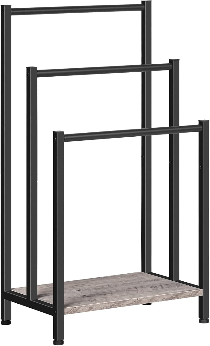 HOOBRO Free Standing Towel Rack, 3 Tier Blanket Rack, Blanket Holder for Bathroom, 16.9" L x 11" W x 31.9" H, Industrial Metal Drying and Display Rack with Shelf, Greige and Black BG03LB01