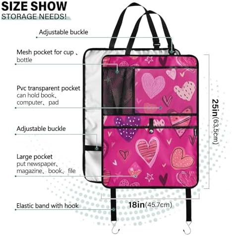 2 Pack Back Seat Car Organizer with Storage Pockets Kick Mats Back Seat Protector Hanging Car Organizer Automotive Seat Back Cover Organizers Hot Pink Doodle Hearts Stars