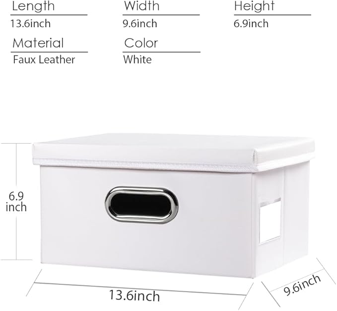 Collapsible Storage Box with Lid [3-Pack] Leather Fabric Foldable Storage Bin Organizer Container Basket Cube with Cover for Home Bedroom Closet Office Nursery White(13.6x9.6x6.9)