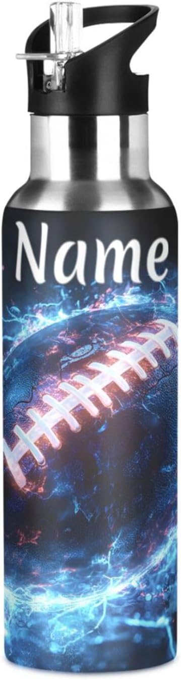 Custom Name American Football Blue Lightning Water Bottle with Straw Lid Kids Insulated Stainless Steel Water Flask Sports, 20 Oz Hot Cold