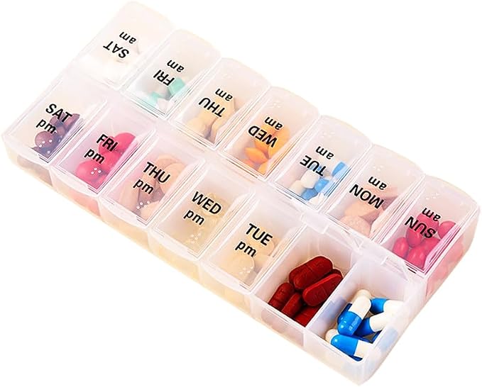 Large Pill Organizer, Weekly Portable Pill Dispenser Reminder Box | Travel Daily Pill Case Holder, Medication Planner for Vitamin, Medicine, Fish Oil, Supplements, 14 Compartment, Transparent
