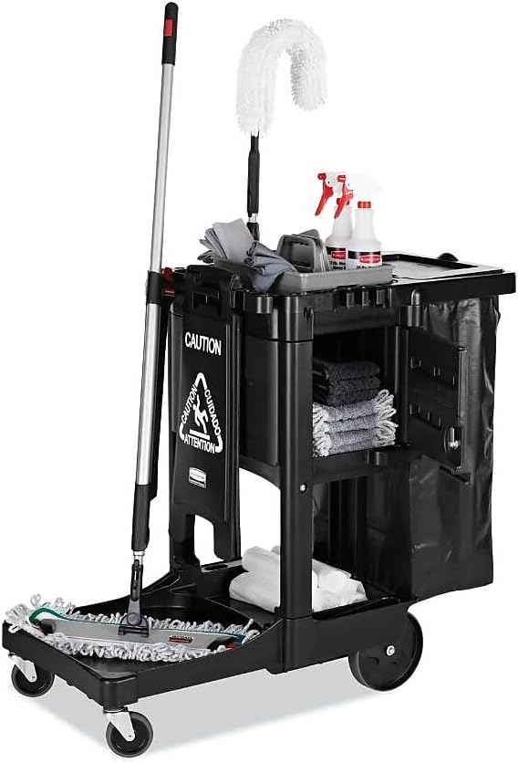 Rubbermaid Commercial Products Executive Series Janitorial and Housekeeping Cleaning Cart with Locking Cabinet, Wheeled with Zippered Black Vinyl Bag, Black, 38.4" H x 21.8" W x 46" L