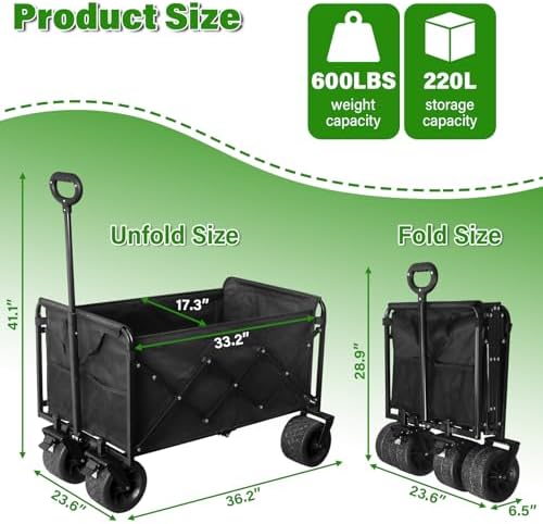 Folding Wagon Cart with All-Terrain Wheels – Heavy Duty Collapsible Utility Wagon for Grocery, Sports, Garden, Camping, Shopping (Black 600LBS)