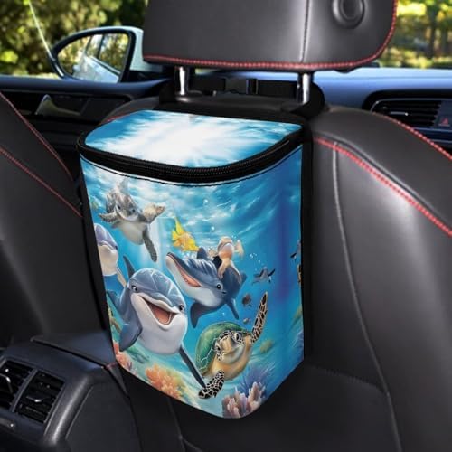 DISNIMO Ocean Turtle Dolphin Car Trash Can with Lid, Leak Proof Trash Bin Garbage Bag Collapsible Automatic Portable Trash Can, Easy to Clean, Used in Car Home Office