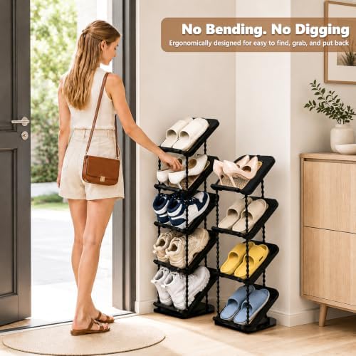2 Pack Slanted Narrow Shoe Rack 5 Tiers, Slim Depth Vertical Shoe Shelf | Small Spaces Shoe Storage, Fits All Shoes & Boots Organizer, Free Standing, Tall, Sloping, Thin, Corner, Entryway, Ergonomic