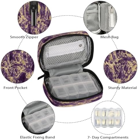 Pill Organizer Box Purple and Gold 7-Day Weekly Medicine Pill Case Travel Pill Container Portable Pill Holder Storage Purse Bag Small Compact Size for Vitamin Supplement Birth Control