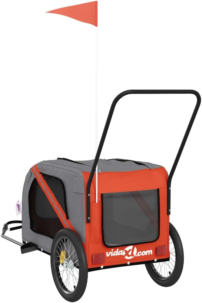 Pet Bike Trailer for Small Dogs, Foldable Bicycle Cargo Trailer with Sturdy Iron Frame, Weather-Resistant Oxford Fabric, Safety Flag and Reflectors, Orange/Gray