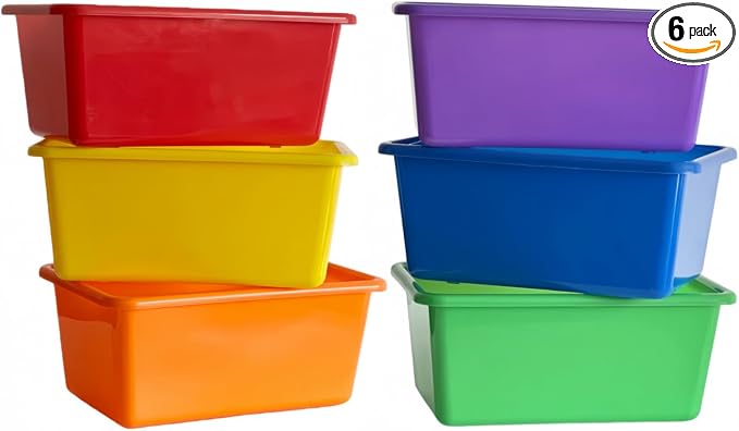 6 Pack Small Cubby Bins, Plastic Storage Containers for Classroom, Rainbow | Multi-Purpose Stackable Bin Organizer Storage Cubbies for Home, Playroom and Library, Shelf Bins, Book Bins
