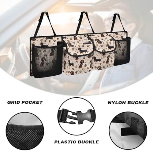 Dreaweet Cute Dachshund Car Trunk Organizer for Sedan Collapsible Hanging Car Storage Organizer Accessories Interior for Women Large Capacity 4 Pockets Car Organizer for SUV Trucks Minivan
