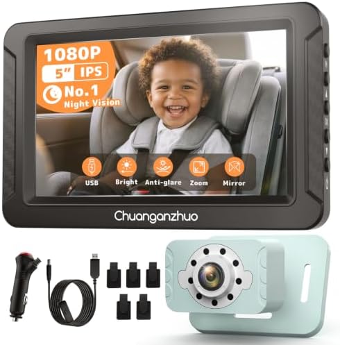 S100C Baby Camera for Car USB Powered, Crystal Clear Auto IR Night Vision in Total Dark, Adjust Brightness & 1080P 5" IPS Monitor, 3X Zoom & 360° Rotating Backseat/Carseat Camera for Baby in Car