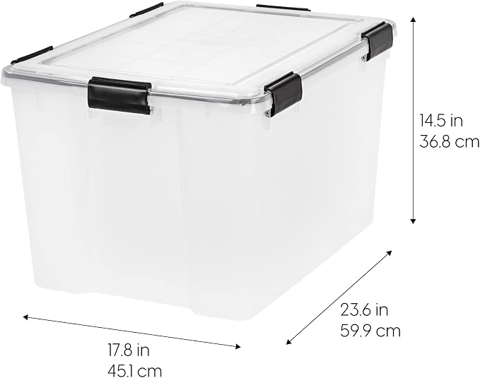 IRIS USA WeatherPro Storage Bins with Lids, 74 Qt, Gasket Seal, 2 Pack | BPA-free gasket seal keeps clothing, documents, pet food, tools, and camping gear protected from dust and moisture.